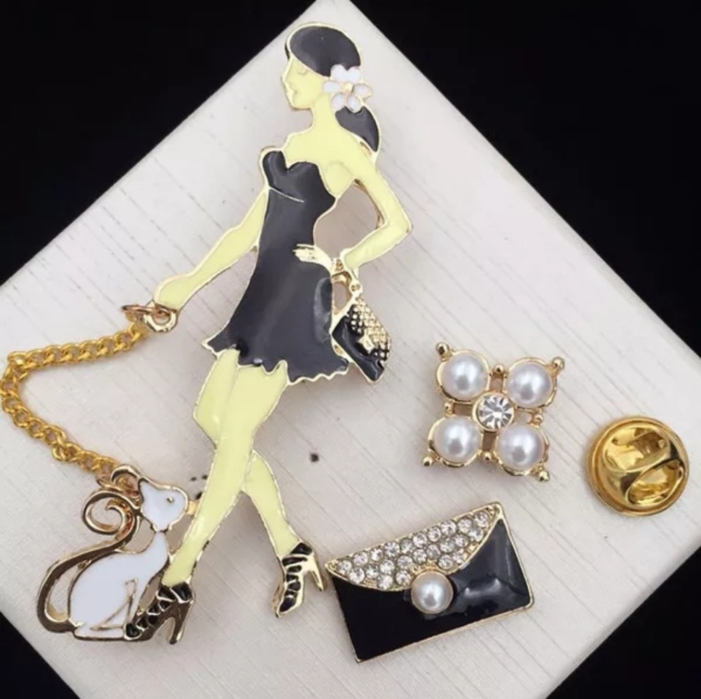 3pc french woman cat purse pearl rhinestone brooch